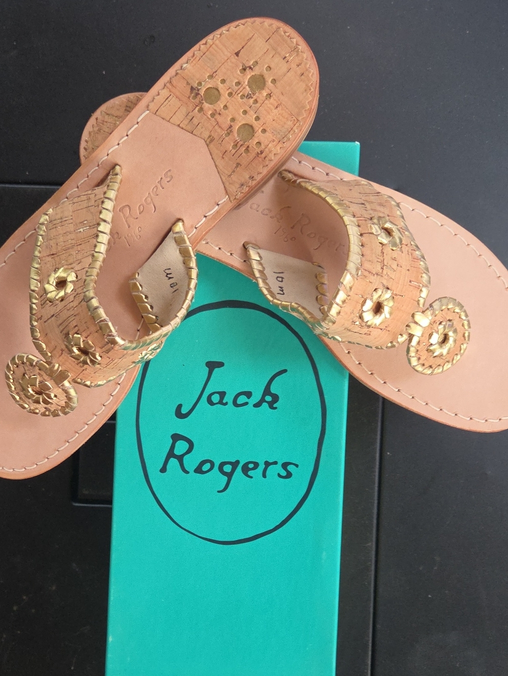 Jack Rogers Cork and Gold Hand-Stitched Thong Sandals